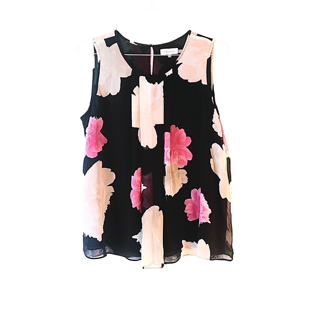 Calvin Klein Floral Sleeveless Blouse Top — Black Pink White — Sheer Layered